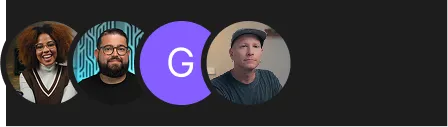 Four circular profile avatars including three with photos of diverse people and one with letter G.
